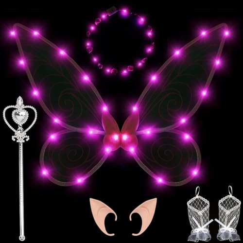 Feenflügel Kinder Erwachsene Feenflügel Leuchtend, Feenflügel Damen Fee Kostüm mit LED Fee Stirnband und Fee Zauberstab, Elfenflügel Schmetterlingsflügel Fairy Wings für Karneval Cosplay Kostüm (Rot) von Capaneus