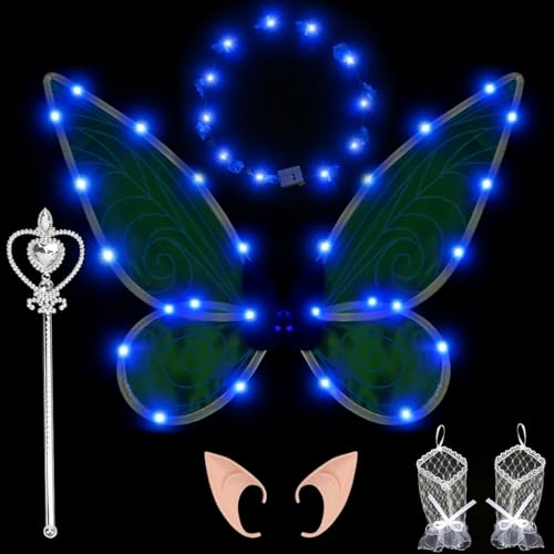 Feenflügel Kinder Erwachsene Feenflügel Leuchtend, Feenflügel Damen Fee Kostüm mit LED Fee Stirnband und Fee Zauberstab, Elfenflügel Schmetterlingsflügel Fairy Wings für Karneval Cosplay Kostüm (Blau) von Capaneus