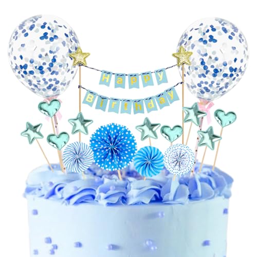 Happy Birthday Tortendeko, 17 Stück Blau Cake Topper Geburtstag, Kuchendeko Blau Geburtstag mit Konfetti Luftballons Papierfächer Stern Herz Cake Topper für Junge Mann Geburtstag Deko von Capaneus