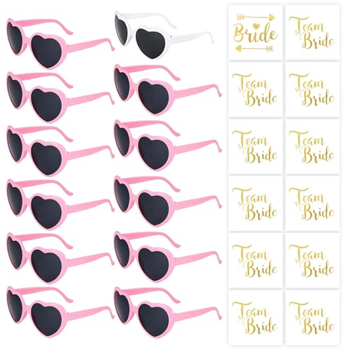 Herz Sonnenbrille Hochzeit Damen, 24 Stück Bride to Be Deko Sonnenbrille Herzform und Team Tattoo Aufkleber, Party Brillen Herz Sonnenbrille Team Bride, Hippie Herzförmige Brille für Wedding Décor von Capaneus