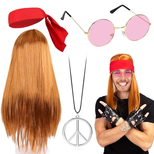 Hippie Perücke Kostüm Set mit Runde Sonnenbrille+Peace Anhänger +Rotes Kopfband für Herren & Damen Faschingkostüme Perücke 70er 80er Jahre Männer Karneval Zubehör Mottoparty Halloween Fasching von Capaneus