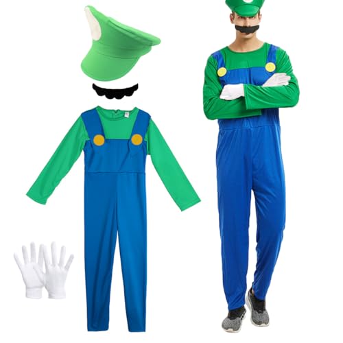 Kostüm Super Brothers Klempner, Super Klempner Kostüm für Erwachsene, Super Bros Cosplay Outfit mit Grün Mütze, Handschuhen und Schnurrbart für Karneval Halloween Faschingskostüme Herren Damen von Capaneus