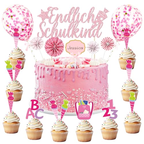 Tortendeko Einschulung Mädchen, Kuchendeko Schulanfang, Schulkind Tortendeko Schulanfang, Cake Topper Einschulung Mit ABC 123 Zuckertüte Konfetti Ballon für Schulanfang Party Torte Dekoration von Capaneus