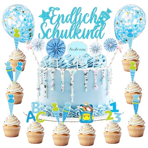 Tortendeko Einschulung Junge, Kuchendeko Schulanfang, Schulkind Tortendeko Schulanfang, Cake Topper Einschulung Mit ABC 123 Zuckertüte Konfetti Ballon für Schulanfang Party Torte Dekoration von Capaneus