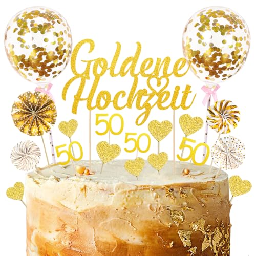 22 Stück Tortendeko Goldene Hochzeit, Cake Topper Goldene Hochzeit, Kuchendeko Goldene Hochzeit, Gold Tortendeko Glitzer für 50 Hochzeitstag Goldene Hochzeit Geschenk von Capaneus