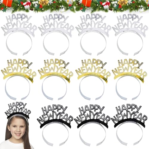 12 Stück Silvester Haarreif, 2025 Happy New Year Kopfschmuck, Silvester Deko Tiara Stirnband, Neujahr Fotorequisiten, Silvester Haarreif Kopfbedeckung, Weihnachten Haarschmuck Party Kostüm Zubehör von Capgoost