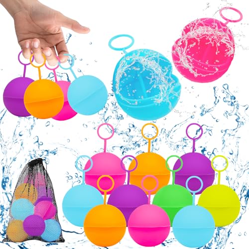 12 Stück Wasserbomben Wiederverwendbar, Wasserbomben mit Mesh Bag, Schnell Befüllbare Wasserbomben, Silikon Wasserballon, Wiederverwendbar Spritzbälle, Sommer Pool Spielzeug Wasserspielzeug für Kinder von Capgoost