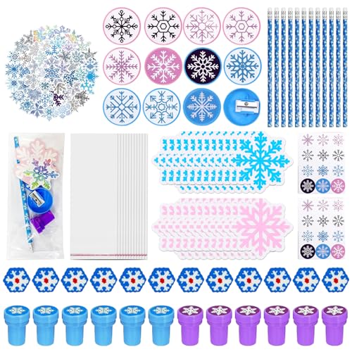 196Stk Schneeflocke Mitgebsel, Kindergeburtstag Party Gastgeschenke, Winter Schneeflocke Aufkleber mit Schneeflocke Geschenktüten Bleistifte Radiergummi, Prinzessin Party Kinder Geschenke Give Aways von Capgoost