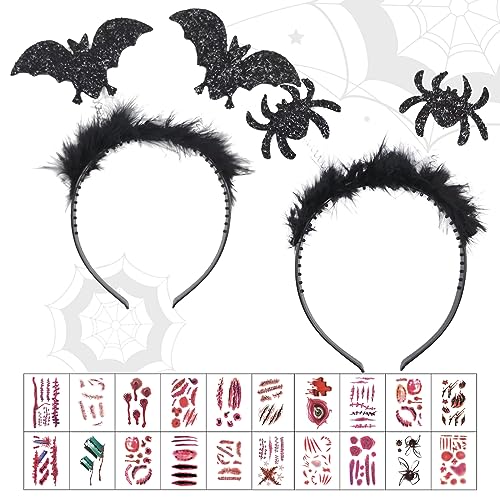 2 Stück Halloween Haarreif, Vampir Spinne Fledermaus Haarreifen, Glitzereffekt Spinne Stirnband mit 20 Halloween Tattoos, Fledermaus Ohren Horror Spinne Haarreifen Halloween Kostüm Accessoire von Capgoost