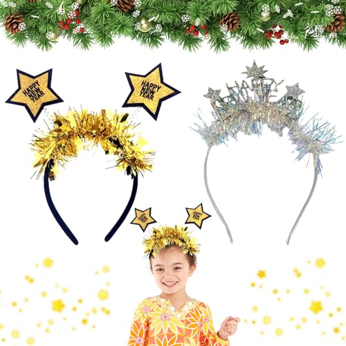 2 Stück Silvester Haarreif, 2025 Happy New Year Kopfschmuck, Silvester Stirnband, Stirnband mit Glitzernd Sternen, Neujahr Weihnachten Kopfschmuck für Kinder Party Zubehör Neujahr Fotorequisite von Capgoost