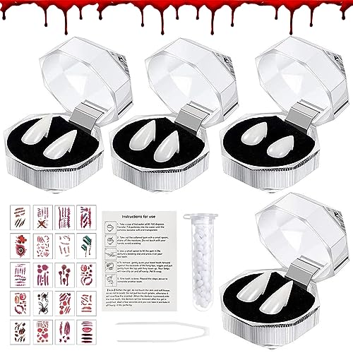 4 Paar Vampir Zähne, 4 Größen Halloween Vampirzähne mit Zahngranulatkleber, Vampirgebiss für Halloween, Vampire Teeth, Vampir Zahnersatz, Vampir Fangs Kit für Zombie Cosplay Halloween Party Requisiten von Capgoost