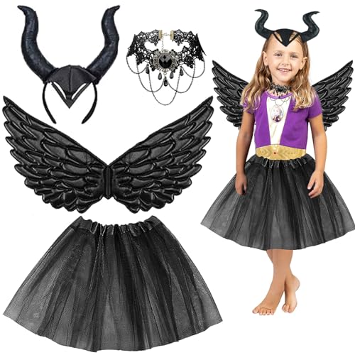 4 Stück Königin Hörner Kinder Kostüm, Halloween Maleficent Hörner mit Schwarz Teufelflügel Tutu Gothic Spitzen Halskette Hörner Kopfschmuck, Mädchen Hexenkostüm Hörner Kopfschmuck Maleficent Cosplay von Capgoost