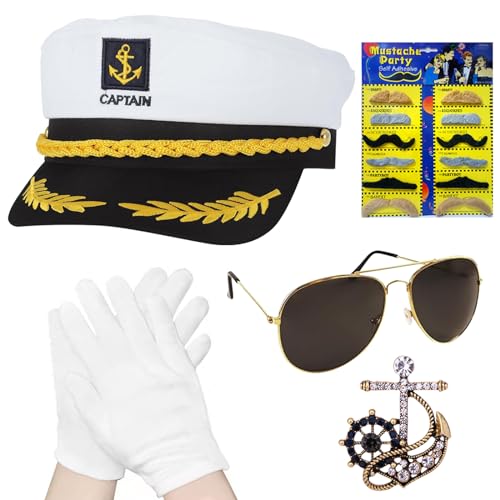 Kapitänsmütze, 5 Stück Matrosenmütze Set, Yacht Kapitän Hut mit Sonnenbrille Handschuhe, Anker Abzeichen, Kapitän Prop, Matrosen Kostüm Accessoires, Admiral Captain Kostüm für Karneval Cosplay Partys von Capgoost