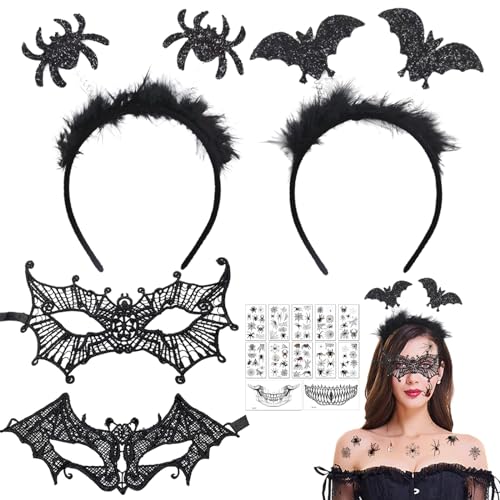 7 Stück Halloween Damen Zubehör, Halloween Fledermaus Haarreife, Schwarze Spitze Maske und Halloween Spinne Haarschmuck mit 2 Gesichtstattoos 10 Spinne Tattoo, Karneval Halloween Kostüm Accessoire von Capgoost