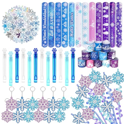 98 Stück Schneeflocke Mitgebsel, Kindergeburtstag Party Gastgeschenke, Winter Schneeflocke Aufkleber mit Schnapparmband Kinder, Schneeflocke Schlüsselanhänger, Prinzessin Party Give Aways Mädchen von Capgoost