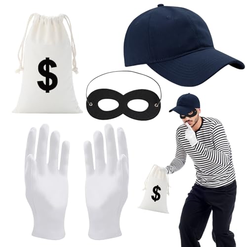 Bankräuber Kostüm, Einbrecher Kostüm, Dieb Maske+Cap+Handschuhe+Geldsack, Panzerknacker Kostüm Set, Karneval Kostüm Herren, Räuber Kostüm Kinder, Halloween Kostüm Erwachsene Kinder Cosplay Einbrecher von Capgoost