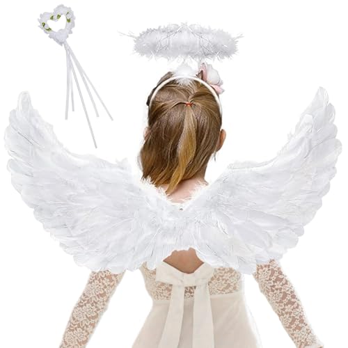 Capgoost Engelsflügel Weiß, 60CM Engel Flügel mit Heiligenschein und Zauberstab, Karneval Engelsflügel Kostüm Kinder, Fasching Federflügel Engel Wings, Amor Kostüm Damen Kinder für Halloween Cosplay von Capgoost