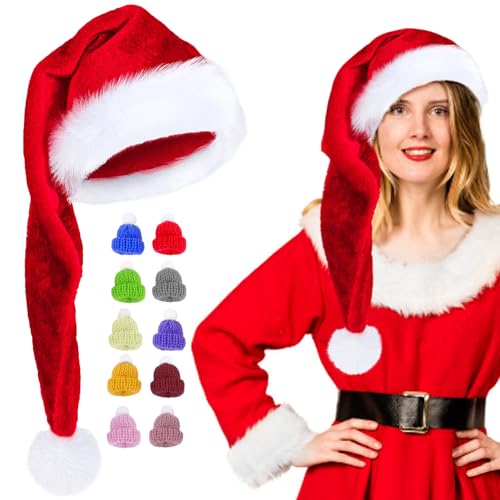 Capgoost Weihnachtsmütze Lang, Nikolausmütze Plüsch, Weihnachtsmützen Erwachsene, Santa Hat mit 10 Stück Mini Weihnachtsmütze für Flaschen, Weihnachtsmann Mütze, Santa Clause Mütze für Damen Herren von Capgoost