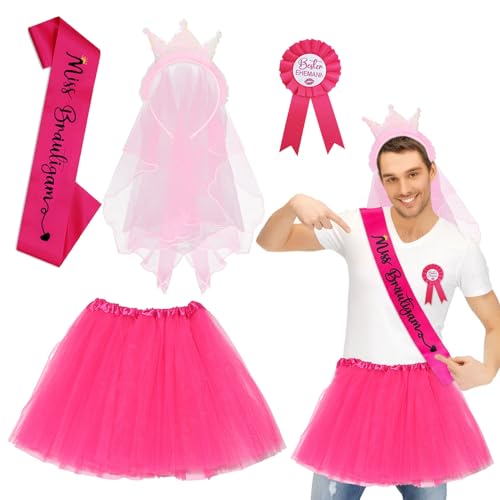 Capgoost Männer JGA Kostüm Set, Junggesellenabschied Männer Kostüm, JGA Outfit Männer Set mit Krone Schleier, Tütü und Miss Bräutigam Schärpe, JGA Party Kostüm Zubehör Männer Hochzeit Deko für Herren von Capgoost