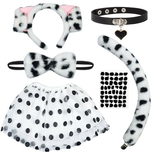 Dalmatiner Kostüm Kinder, 6 Stück Dalmatiner Kostüm Set, Hundeohren Haarreif und Dalmatiner Schwanz, Hundekostüm für Kinder, Tierkostüm Kinder Faschingskostüme Cosplay Karneval Kostüm Accessoires von Capgoost