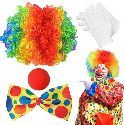 Clown Kostüm Accessoire, 4 Stück Clown Kostüm Set, Clown Perücke mit Clownsnase Rot, Bunte Krawatte, Handschuhe, Clownskostüm Karneval Kostüme für Kinder Damen Herren Fasching Halloween Cosplay von Capgoost