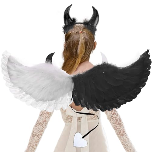 Capgoost Engelsflügel Weiß Schwarz Teufelsohren, 60CM Engels Flügel Kostüm, Kinder Teufels Flügel Karneval, Fasching Schwarzer Engel Kostüm Damen, Mädchen Federflügel Engel für Halloween Cosplay von Capgoost