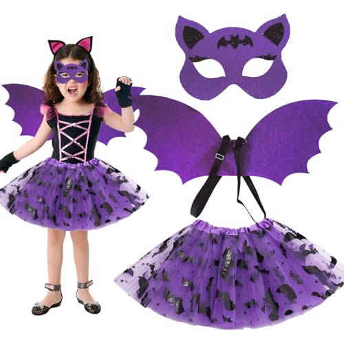 Fledermaus Kostüm Kinder, Fledermaus Kostüm Mädchen, Halloween Kostüm Kinder, Vampir Fledermausflügel mit Fledermaus Tutu, Fledermauskostüm Kinder für Halloween Cosplay Party Karneval Fasching von Capgoost