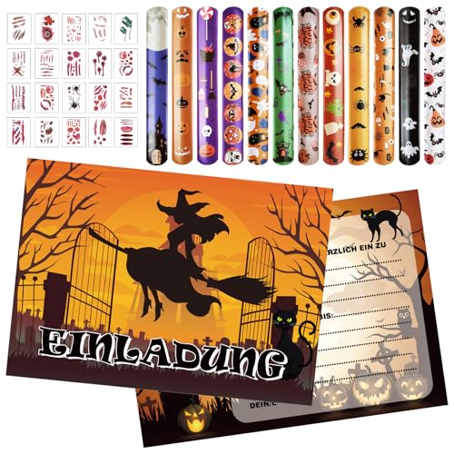 12 Halloween Party Einladungen, Halloween Einladungskarten Set, Halloween Party Mitgebsel Kindergeburtstag, 12 Halloween Schnapparmband Kinder, 20 Halloween Tattoo für Kinder Halloween Geschenke von Capgoost