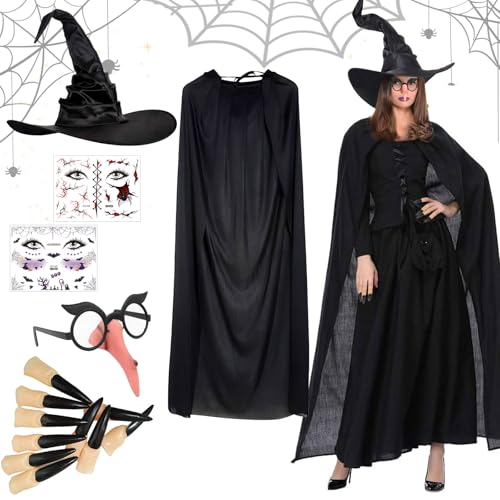 Hexenkostüm Damen Halloween, Halloween Kostüm Hexenkostüm für Damen, Hexe Hut Kostüm Set mit Schwarzer Umhang Halloween, Witch Costume Women, Kostüm Halloween Damen für Erwachsene Karneval Cosplay von Capgoost