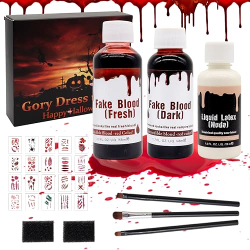 Halloween Kunstblut Set, Kunstblut Halloween Schminke Set, Fake Blood Kit mit 20 Narben Tattoos, Halloween Spezialeffekt Makeup, Dunkelrotes Kunstblut für Vampire Zombie Monster Karneval Cosplay von Capgoost