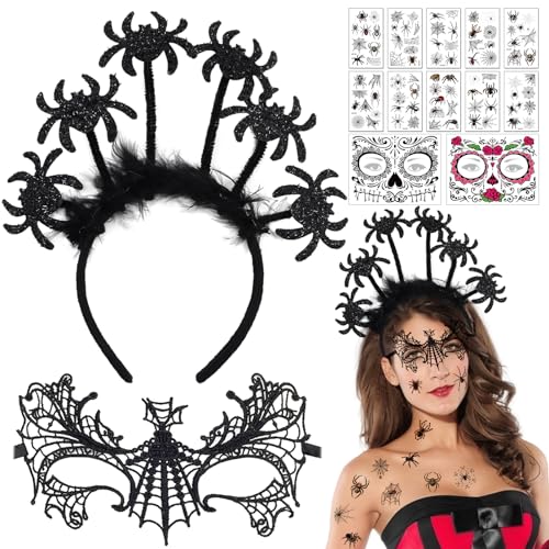 Halloween Lace Zubehör, Halloween Damen Lace Set, Fledermaus Haarreife Halloween Haarreif, Schwarze Spitze Maske mit Spinne Tattoo für Halloween Gothic Kostüm Maskerade Damen Kostüm Accessoire von Capgoost