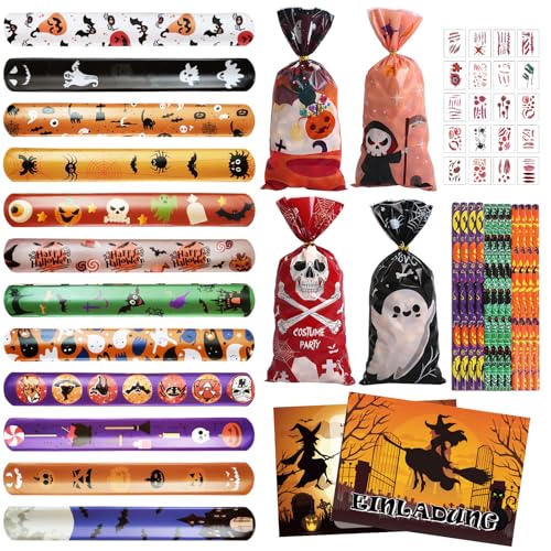 Halloween Mitgebsel Kinder, 68 Stück Halloween Partygeschenke, Party Spielzeug Zubehör mit Narben Tattoos, Süßigkeiten Tüten, Einladungskarten, Slap Bands, Pinata Füllung für Geburtstag Kinder Party Halloween Mitgebsel Kinder, 68 Stück Halloween Partygeschenke, Party Spielzeug Zubehör mit Narben Tattoos, Süßigkeiten Tüten, Einladungskarten, Slap Bands, Pinata Füllung für Geburtstag Kinder Party von Capgoost