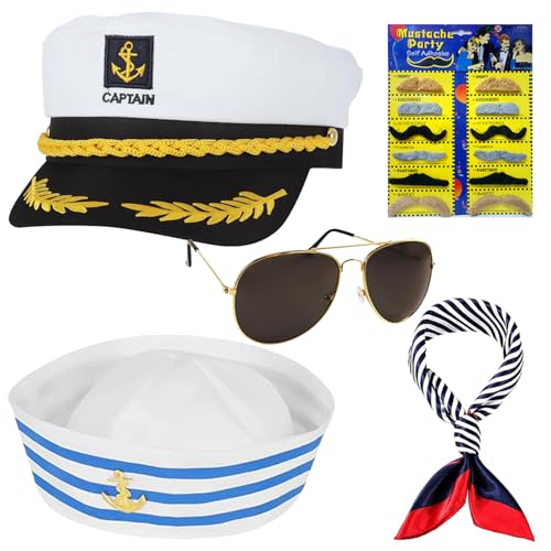 Kapitänsmütze, 5 Stück Matrosenmütze Set, Yacht Kapitän Hut mit Sonnenbrille Handschuhe Quadratischer Schal, Kapitän Prop, Matrosen Kostüm Accessoires, Captain Kostüm für Partys Karneval Cosplay von Capgoost