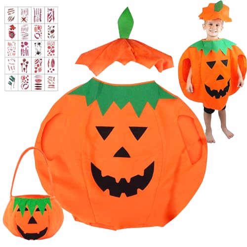 Kürbis Kostüm, Halloween Kürbis Kostüm mit 20 Halloween Tattoos, Kürbis Kostüm Kinder mit Mütze Kürbistasche, Halloween Kostüm Kinder, Kürbis Kostüm Damen für Junge Mädchen Cosplay Halloween Party von Capgoost