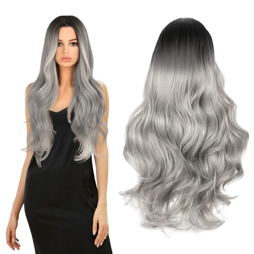 Perücke Damen, 70cm Silbergrau Perücke Frauen, Synthetische Perücke mit Haarnetz, Grau Lang Wellte Lockig Haare, Gothic Hexenperücke, Karneval Damenkostüm Zubehör, Halloween Cosplay Kostümparty von Capgoost