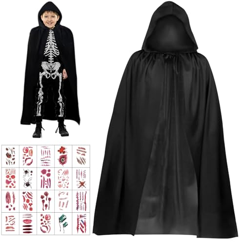 Schwarzer Umhang, Halloween Umhang, 120CM Sensenmann Kostüm Umhang mit 20 Narben Tattoos, Schwarzer Kapuzenumhang, Mittelalter Umhang Cape, Vampir Umhang Halloween Kostüm für Kinder Erwachsene von Capgoost