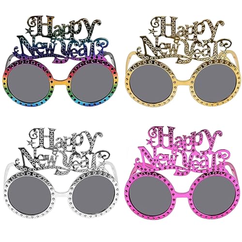 Silvester Brille, 4 Stück Frohes Neues Jahr Brillen, 2025 Neujahr Deko Brillen, Partybrille Silvester Lustige Foto Requisiten, Happy New Year Brillen Silvester Deko Brillen Requis Accessoires von Capgoost