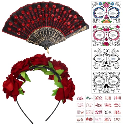 Tag der Toten Haarreif, Halloween Rosen Haarreif, Tag der Toten Stirnband mit Handheld Folding Fan und Halloween Tattoos Gesichtstattoos, Dia de Los Muertos Haarreif, Damen Halloween Haarschmuck von Capgoost