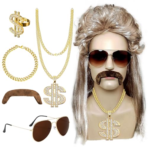 Vokuhila Perücke Herren, 6 Stück 80er Jahre Outfit Herren, Hippie Accessoire mit Goldkette, Sonnenbrille, Schnurrbart, Dollar Kette, Zuhälter Kostüm, Rapper Kostüm Karneval Kostüm Fasching für Herren von Capgoost