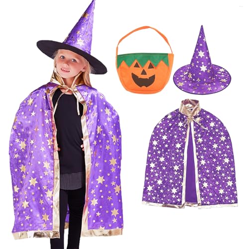 Zauberer Kostüm Kinder, Kostüm Halloween Kinder mit 20 Halloween Tattoo, Zauberumhang Kinder, Hexe Zauberer Umhang, Halloween Umhang Kinder, Wizard Cape Witch Mantel für Jungen Mädchen Cosplay von Capgoost