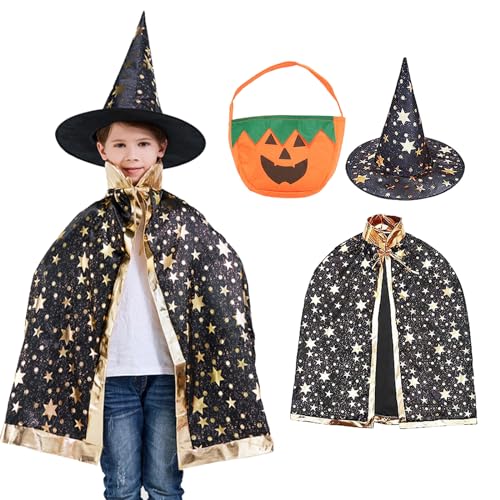 Zauberer Kostüm Kinder, Kostüm Halloween Kinder mit 20 Halloween Tattoo, Zauberumhang Kinder, Hexe Zauberer Umhang, Halloween Umhang Kinder, Wizard Cape Witch Mantel für Jungen Mädchen Cosplay von Capgoost