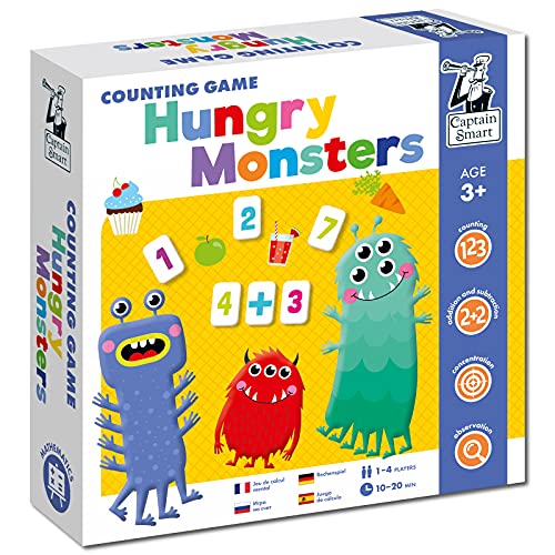 Captain Smart Lernspiel für Kinder, Hungrige Monster | Mathe, Zahlen, Addieren & Subtrahieren | Brettspiel für 3 Jahre alte Jungen & Mädchen | 1-4 Spieler | Lernspielzeug, Geschenk für Kinder 3 Jahre von Captain Smart