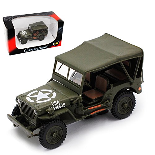 Cararama Jeep Willys 1/4 TON Army Truck Grün USA Army 2. Weltkrieg mit Dach 1/43 Modell Auto von Cararama