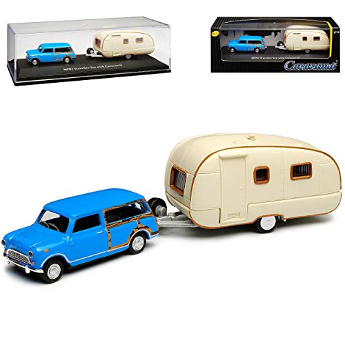 Cararama Mini Cooper Ur Modell Traveller Blau 1959-2000 mit Anhänger Caravan II 1/72 Modell Auto mit individiuellem Wunschkennzeichen von Cararama