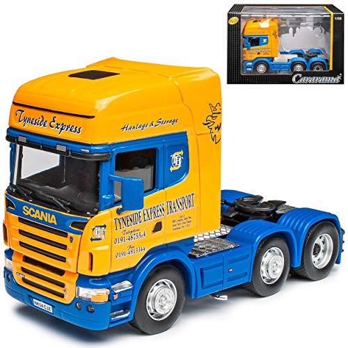 Cararama Scania R-Serie Topline 3 Achser LKW Zugfahrzeug Gelb Blau 1/50 Modell Auto mit individiuellem Wunschkennzeichen von Cararama