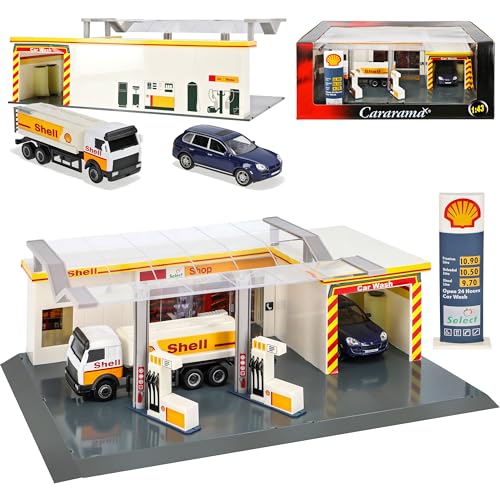 Cararama Tankstelle mit Waschanlage, Tanker und Porsche Cayenne 33x 22 cm 1/43 Modell Auto von Cararama