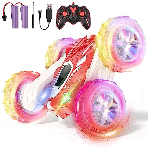 Carastek RC Auto Ferngesteuertes Auto für Kinder Doppelseitiges RC Stunt Auto 4WD 2.4 Ghz Fernbedienung 360° Flip RC Auto Offroad, mit Radlichtern, mit 2 Wiederaufladbare Batterien, Rot von Carastek