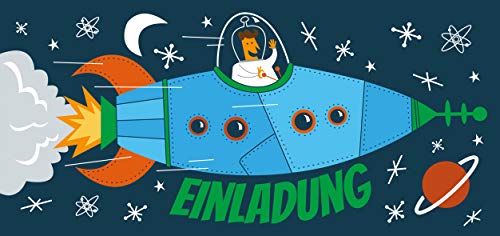 CardWheels 12 Einladungskarten Kindergeburtstag Rakete + 13 Sticker Gratis - Jungen Mädchen | Mitgebsel Geburtstag Flugzeug Astronaut Mottoparty von CardWheels