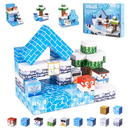 Carehabi Magnetische Bausteine - 54 Teiliger Bauklötze Set, Kreative 3D Bausteine für Kinder, DIY Schneewelt mit niedlichen Figuren, Lernspielzeug ab 3 Jahren von Carehabi