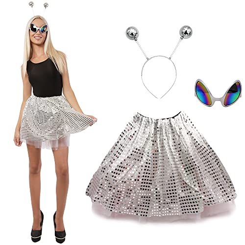 Alien-Kostüme für Damen, außerirdische Brille mit Antennen-Stirnband und Paillettenrock, Zubehör für Mottopartys, Halloween, Karneval und Supernova-Kostüm (Silber) von Carnavalife